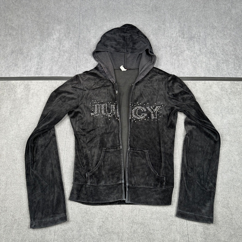 Candy Rain Black Velour Rhinestone Juicy Graphic Zip Up Hoodie Y2K Style Medium